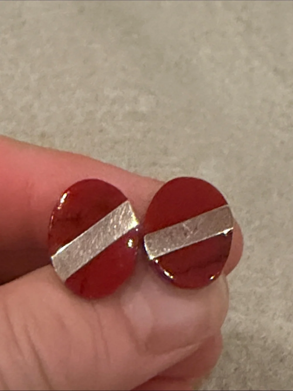 Men's Red Oval Cuff Links with Silver Diagonal Accent